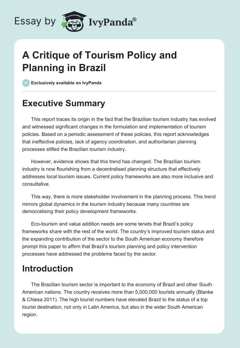 A Critique of Tourism Policy and Planning in Brazil. Page 1