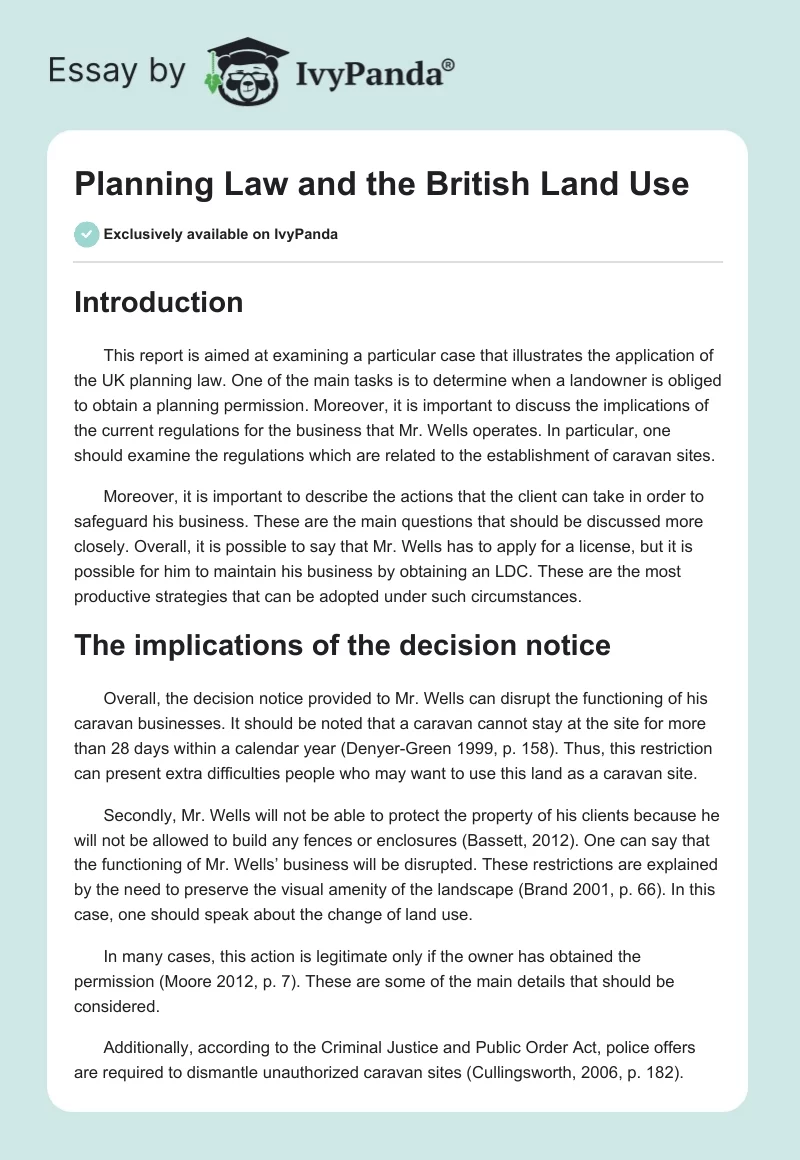 Planning Law and the British Land Use. Page 1