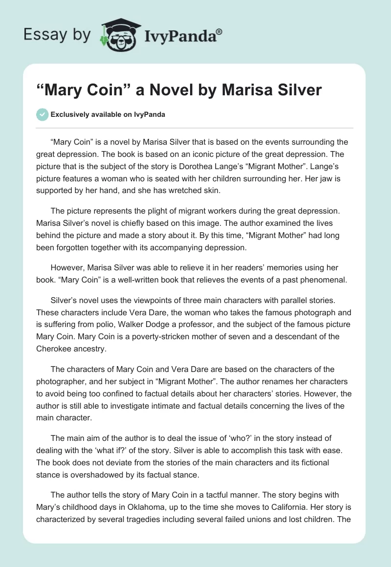 “Mary Coin” a Novel by Marisa Silver. Page 1