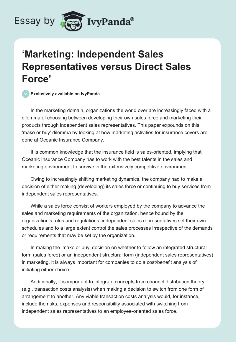 ‘Marketing: Independent Sales Representatives versus Direct Sales Force’. Page 1