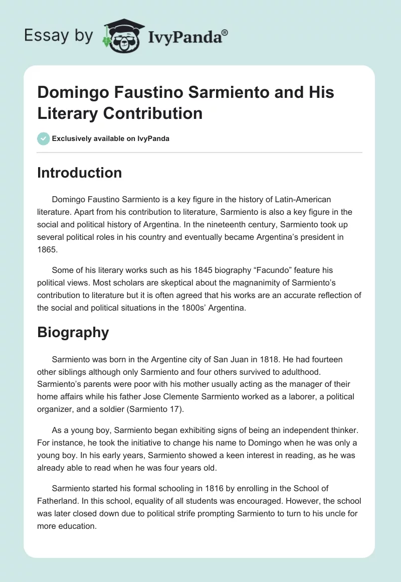 Domingo Faustino Sarmiento and His Literary Contribution. Page 1
