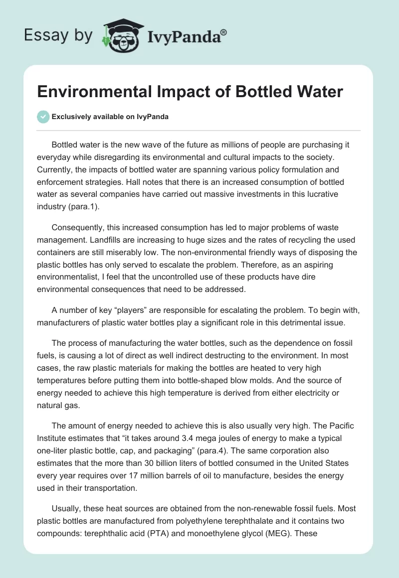 Environmental Impact of Bottled Water. Page 1