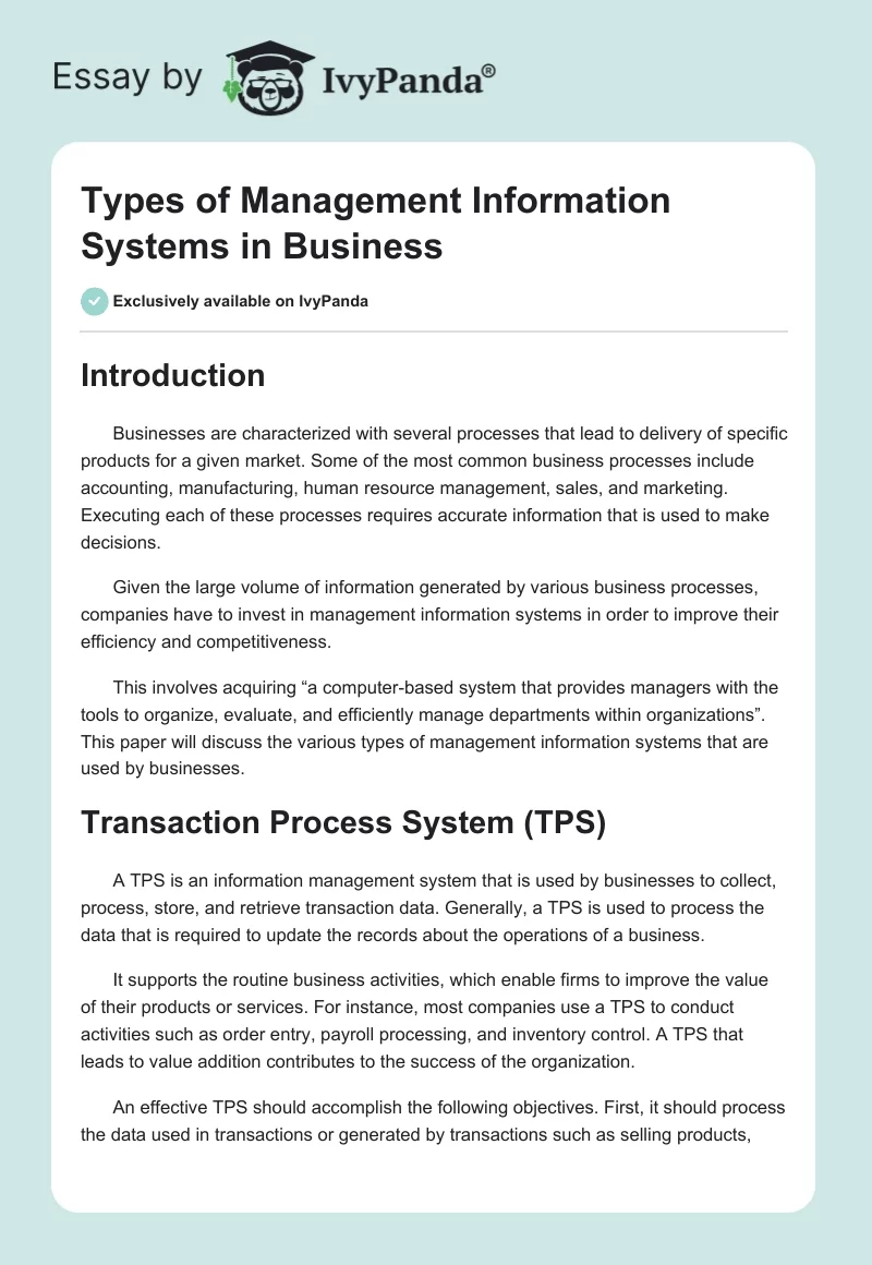 Types of Management Information Systems in Business. Page 1