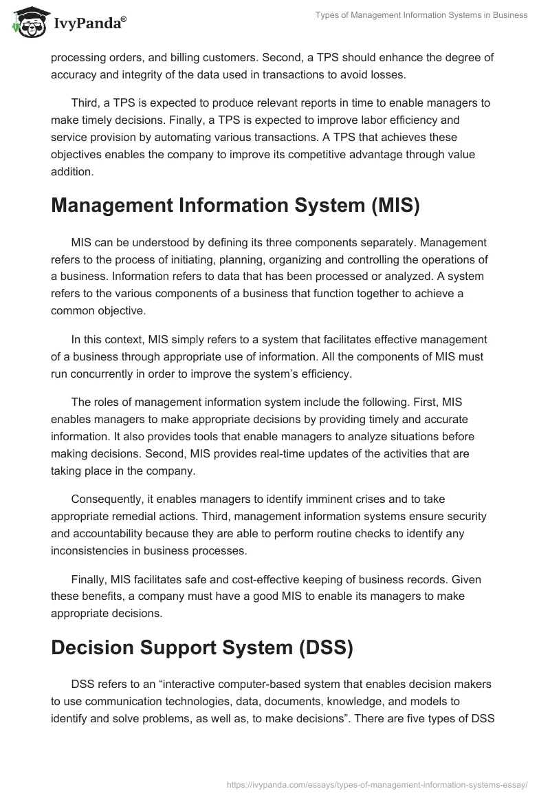Types of Management Information Systems in Business. Page 2