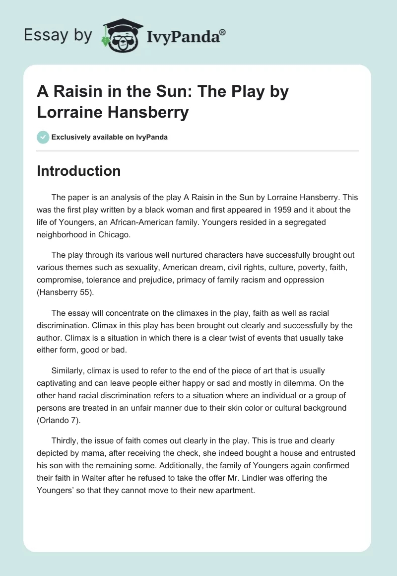 A Raisin in the Sun: The Play by Lorraine Hansberry. Page 1