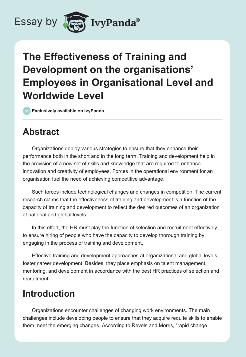 The Effectiveness of Training and Development on the organisations’ Employees in Organisational Level and Worldwide Level. Page 1
