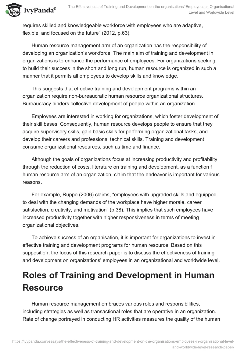 The Effectiveness of Training and Development on the organisations’ Employees in Organisational Level and Worldwide Level. Page 2