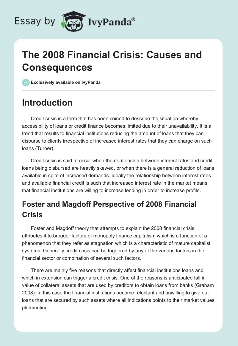 The 2008 Financial Crisis: Causes and Consequences. Page 1