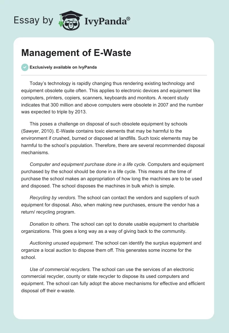 Management of E-Waste. Page 1