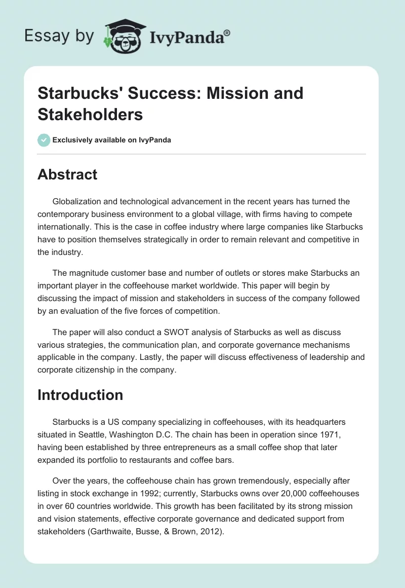 Starbucks' Success: Mission and Stakeholders. Page 1
