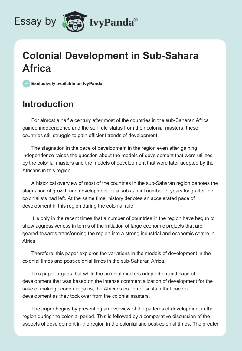 Colonial Development in Sub-Sahara Africa. Page 1