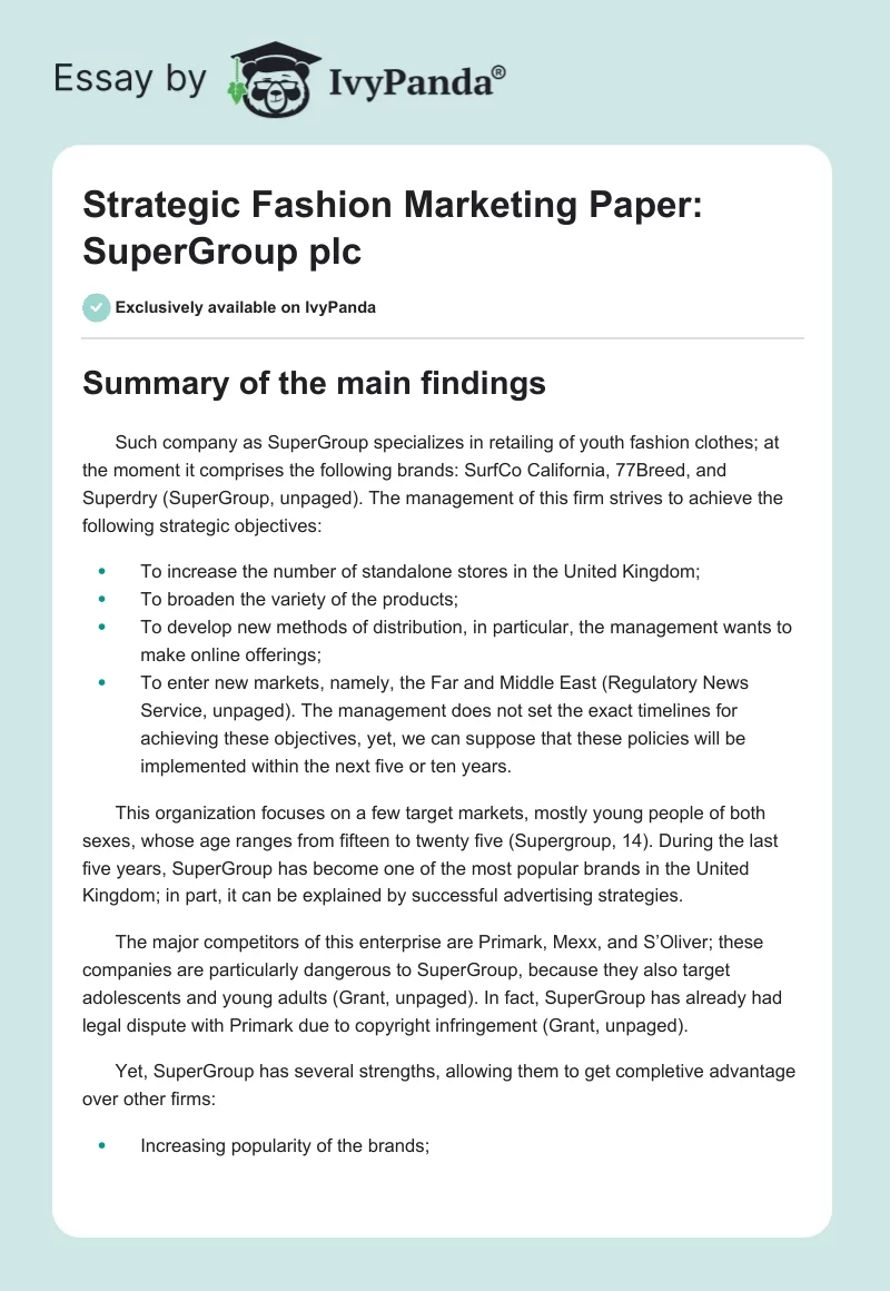 Strategic Fashion Marketing Paper: SuperGroup plc. Page 1