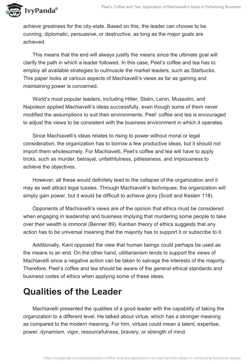 Peet’s Coffee and Tea: Application of Machiavelli’s Ideas in Enhancing Business. Page 2