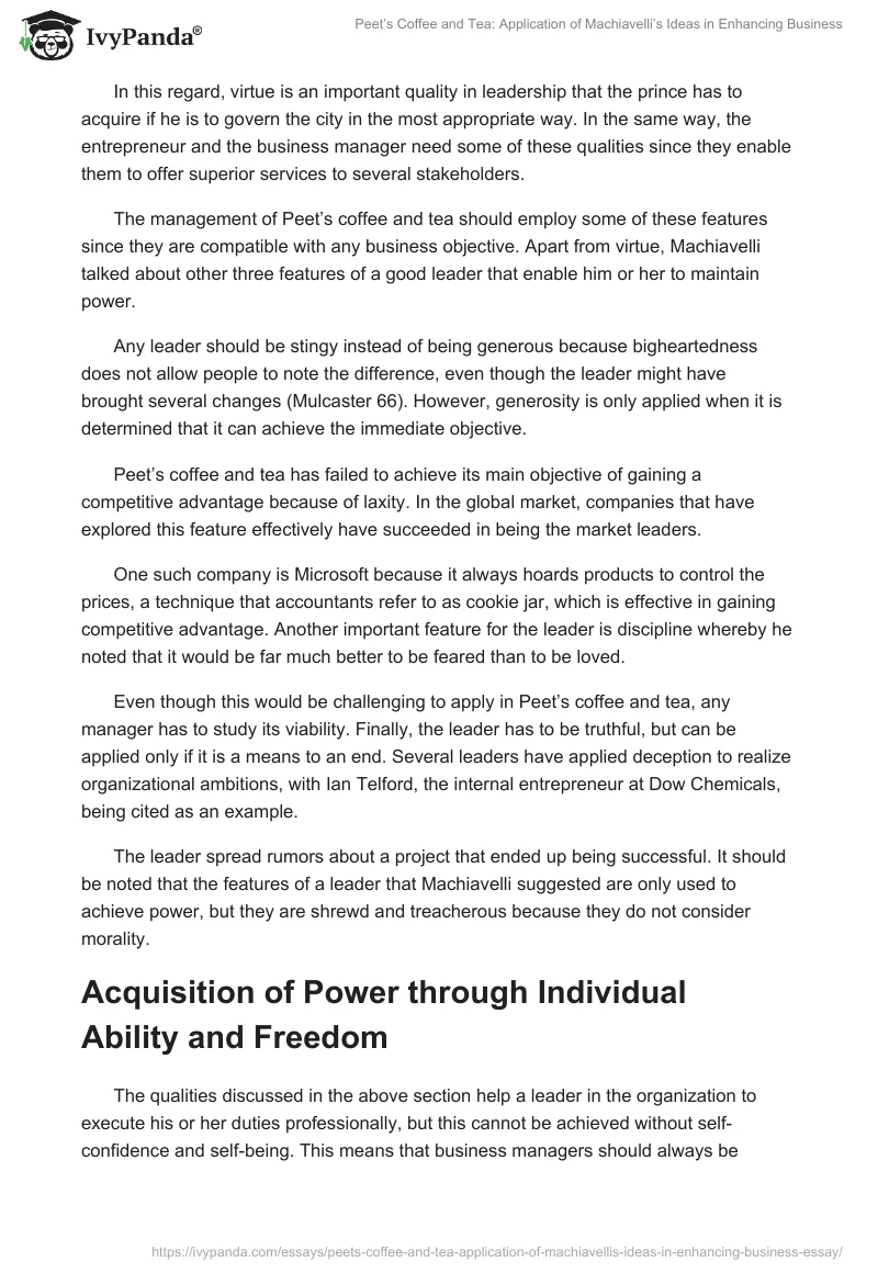 Peet’s Coffee and Tea: Application of Machiavelli’s Ideas in Enhancing Business. Page 3