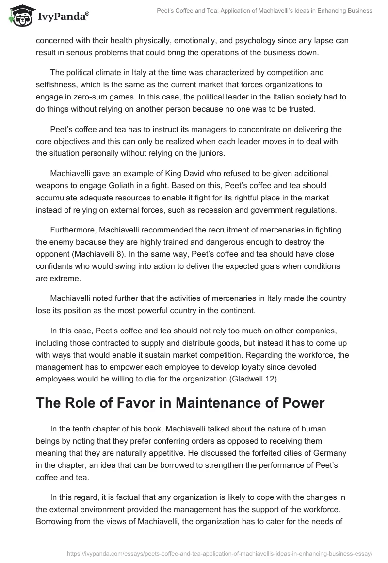 Peet’s Coffee and Tea: Application of Machiavelli’s Ideas in Enhancing Business. Page 4