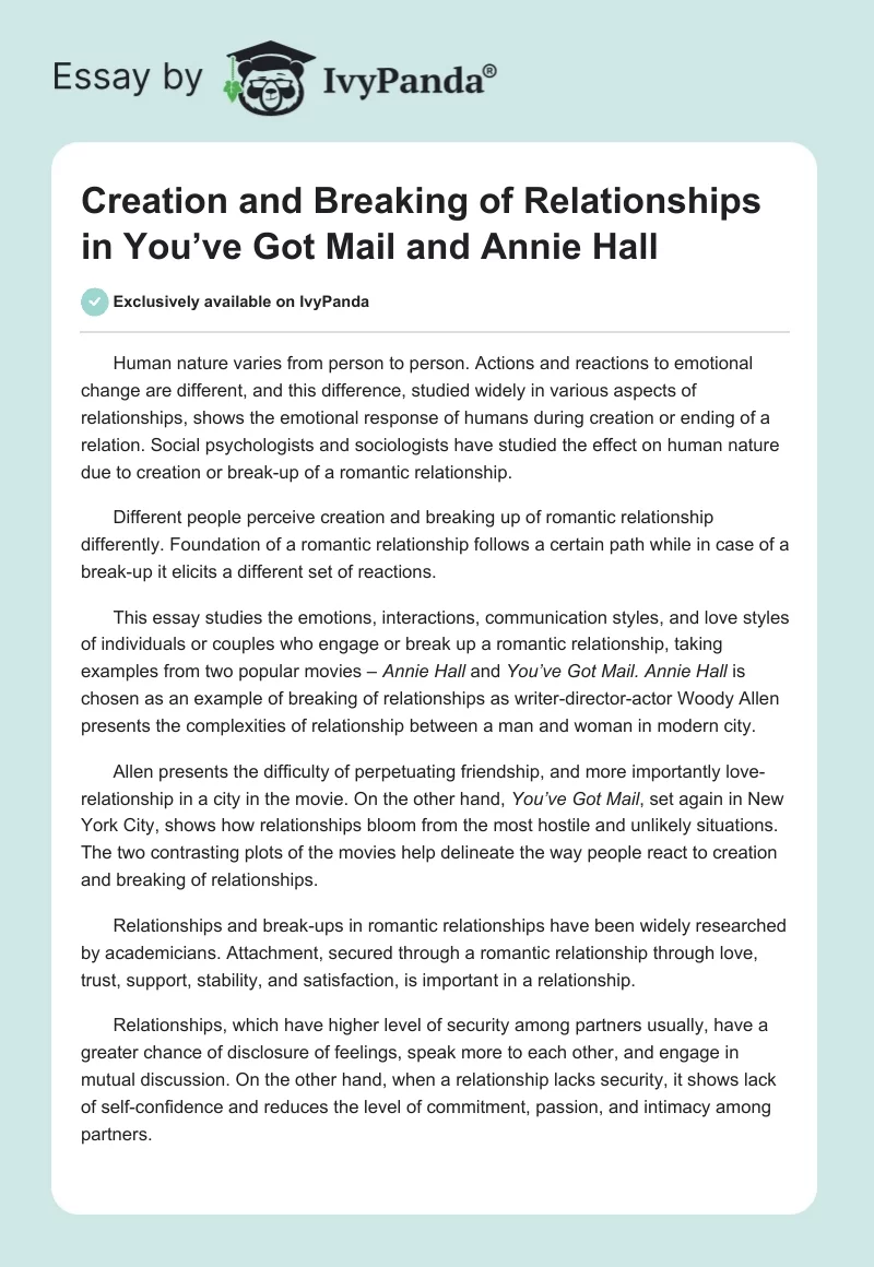 Creation and Breaking of Relationships in You’ve Got Mail and Annie Hall. Page 1