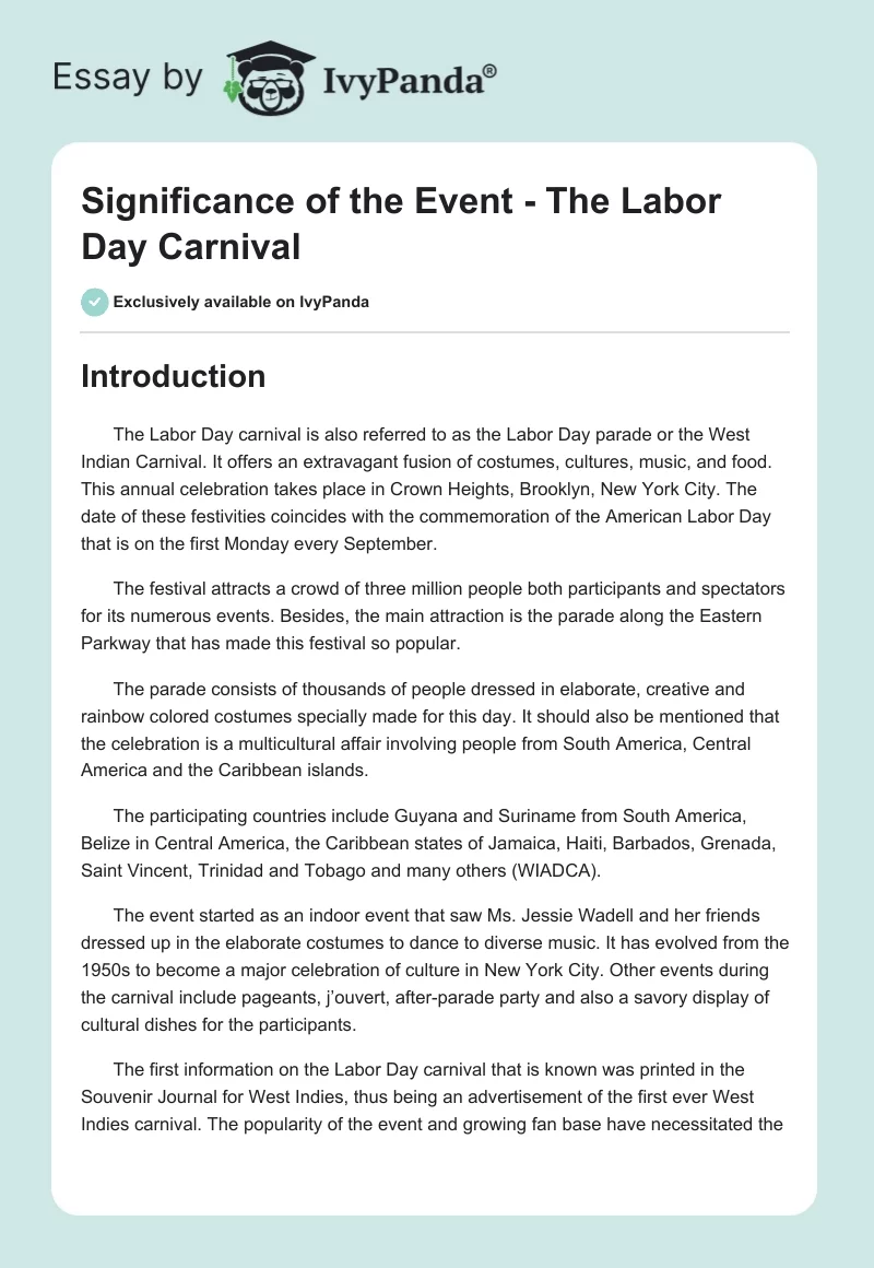Significance of the Event - The Labor Day Carnival. Page 1