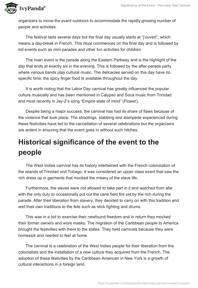 Significance of the Event - The Labor Day Carnival. Page 2