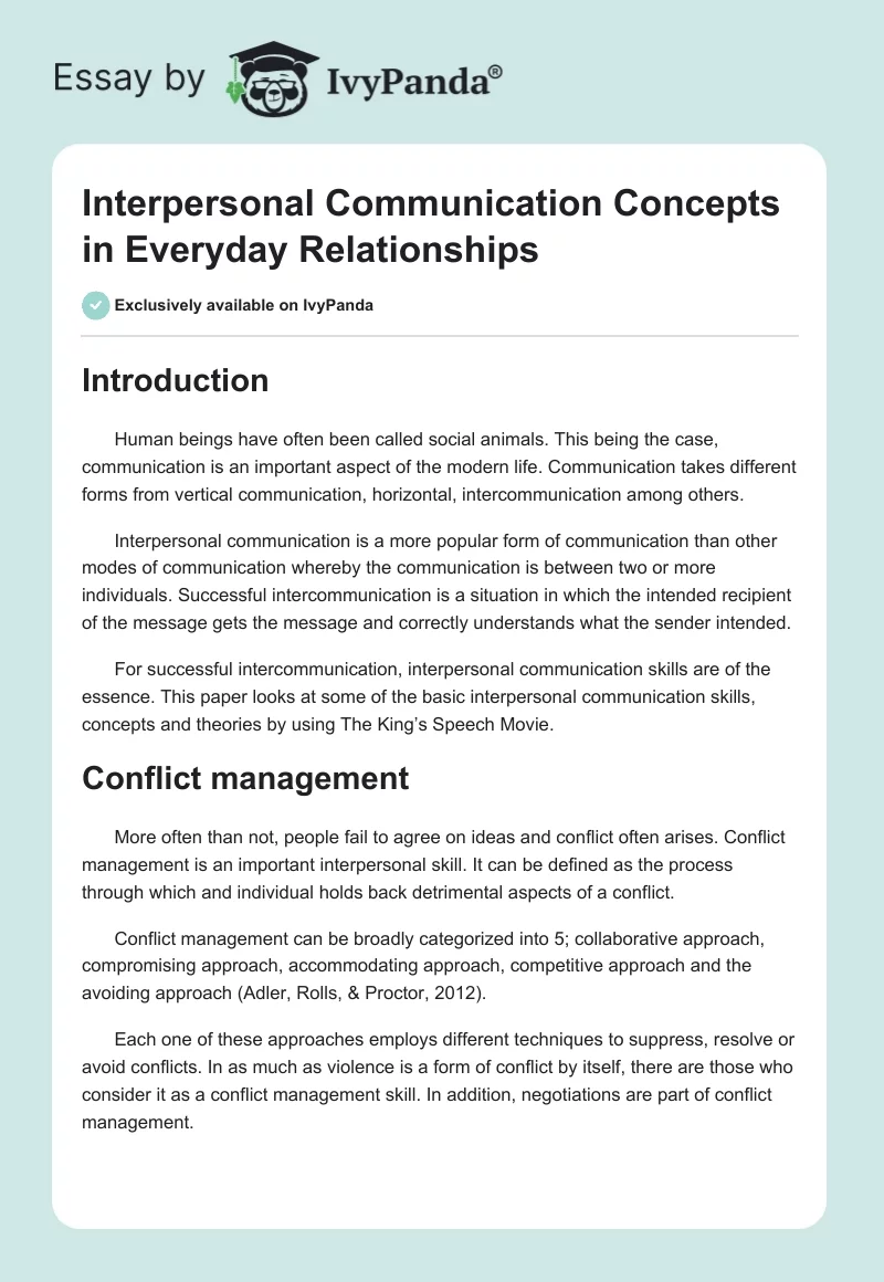Interpersonal Communication Concepts in Everyday Relationships. Page 1