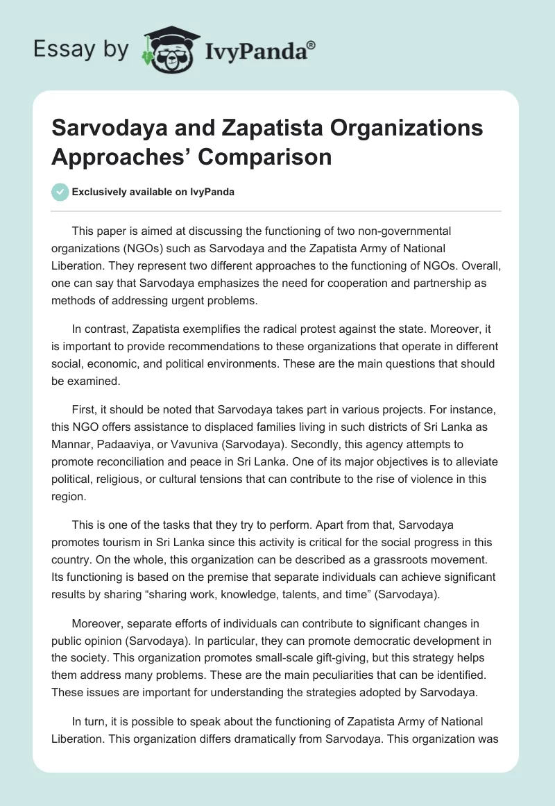 Sarvodaya and Zapatista Organizations Approaches’ Comparison. Page 1