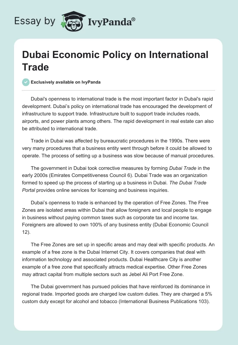 Dubai Economic Policy on International Trade. Page 1