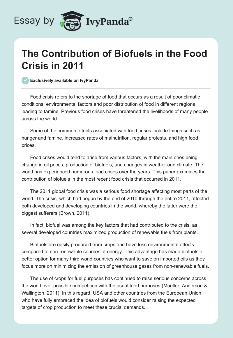 The Contribution of Biofuels in the Food Crisis in 2011. Page 1