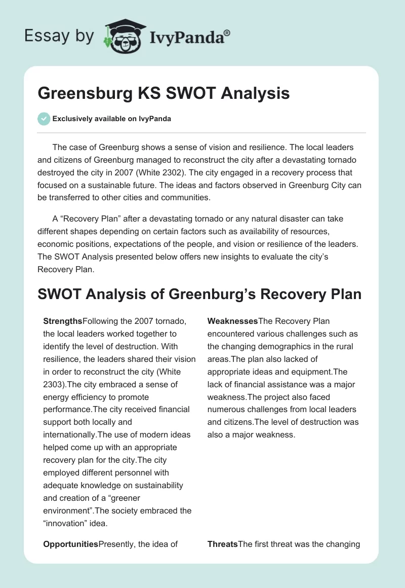 Greensburg KS SWOT Analysis. Page 1