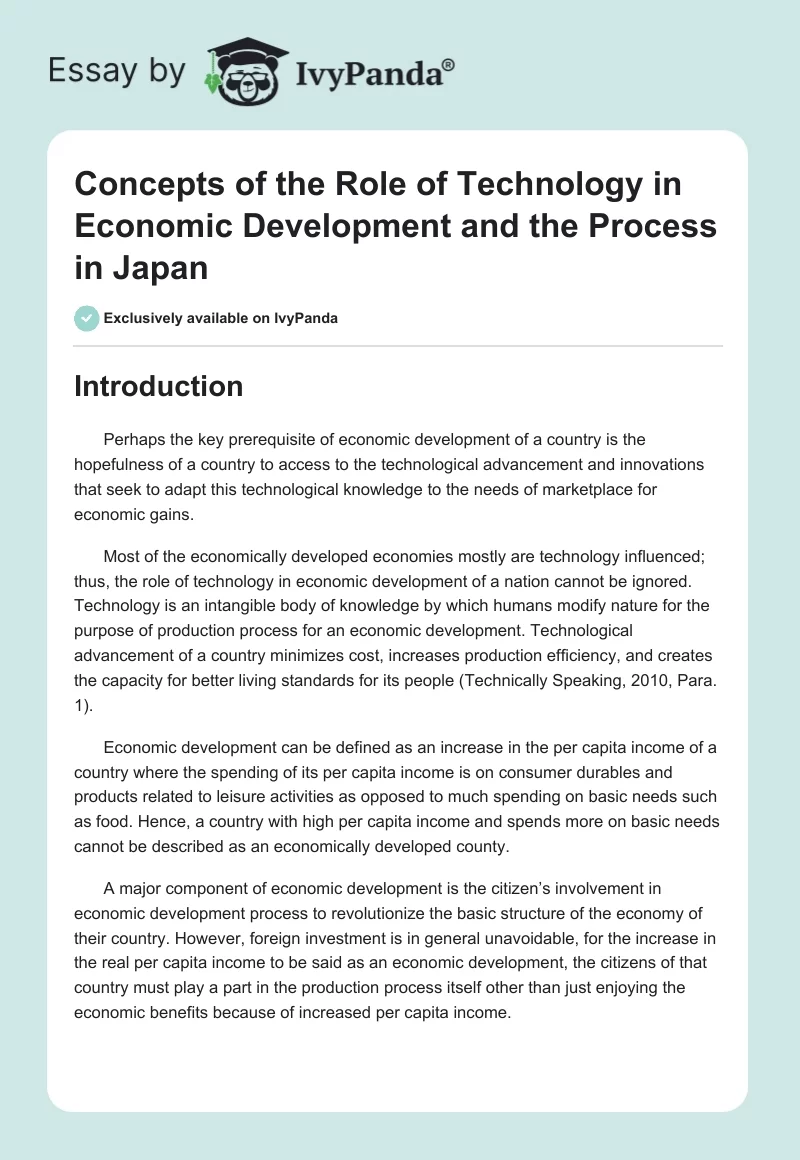 Concepts of the Role of Technology in Economic Development and the Process in Japan. Page 1