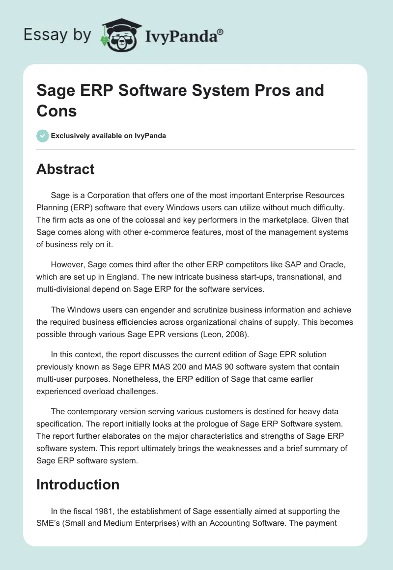 Sage ERP Software System Pros and Cons. Page 1