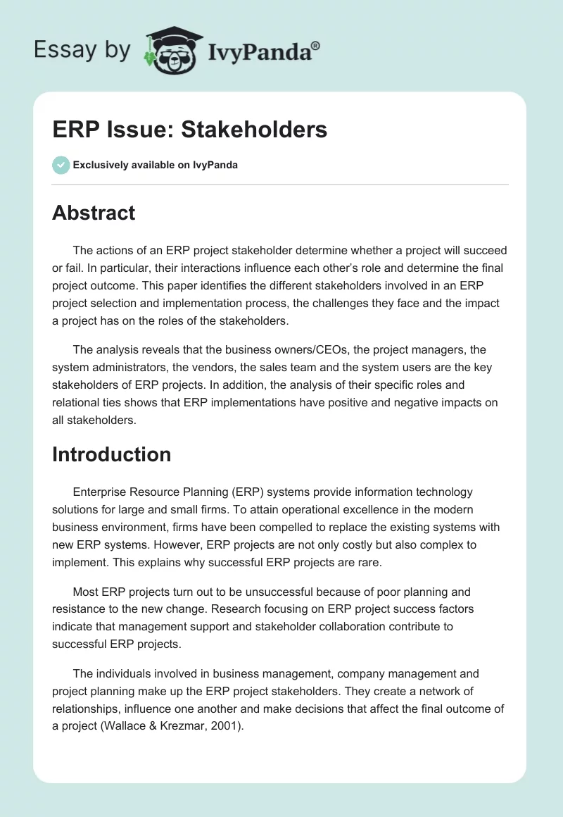 ERP Issue: Stakeholders. Page 1