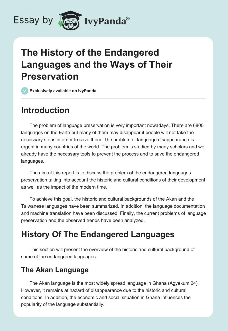 The History of the Endangered Languages and the Ways of Their Preservation. Page 1