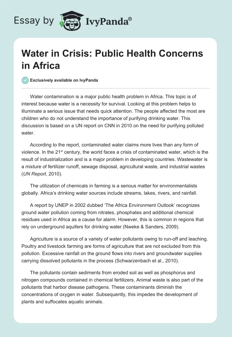 Water in Crisis: Public Health Concerns in Africa. Page 1