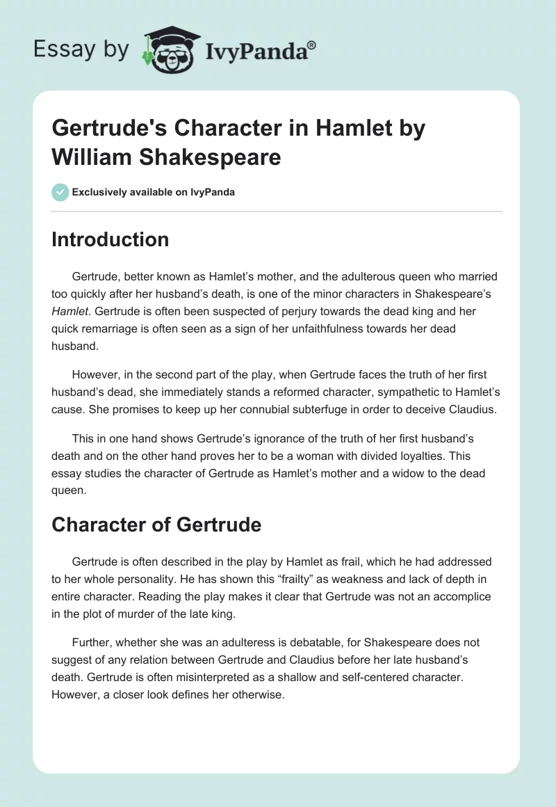 Gertrude's Character in "Hamlet" by William Shakespeare. Page 1