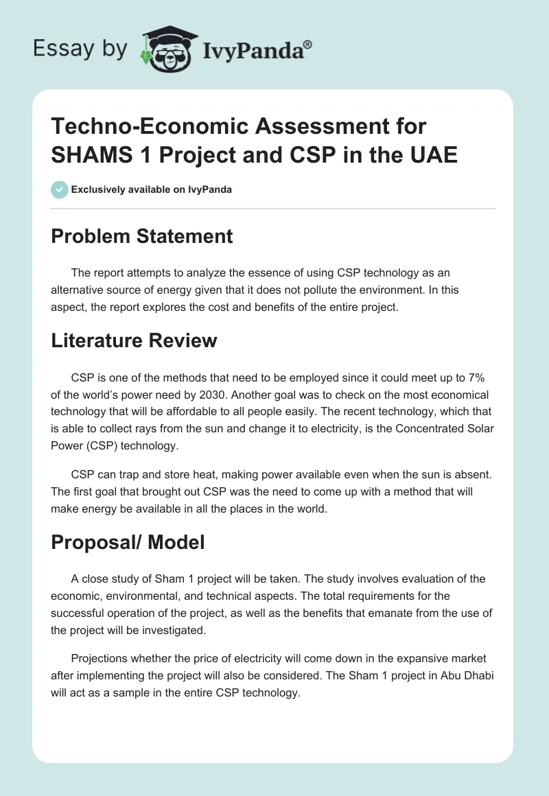 Techno-Economic Assessment for SHAMS 1 Project and CSP in the UAE. Page 1