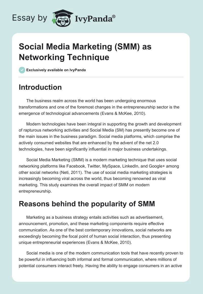 Social Media Marketing (SMM) as Networking Technique. Page 1