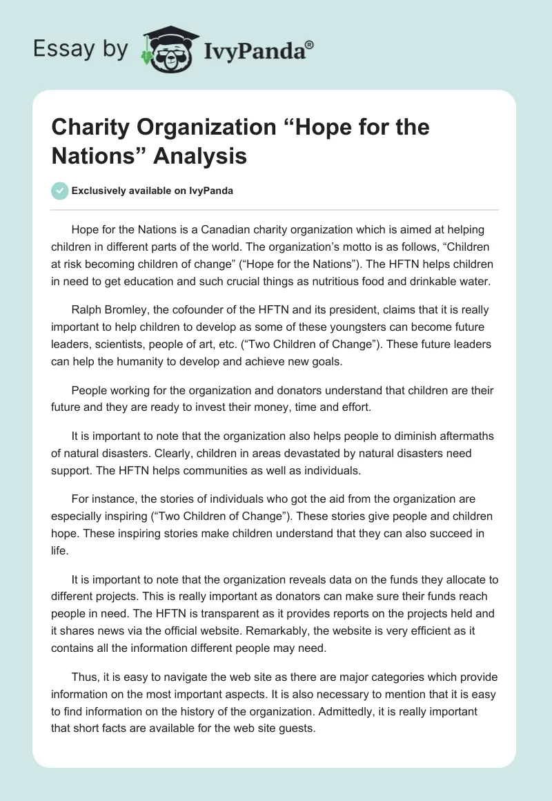 Charity Organization “Hope for the Nations” Analysis. Page 1