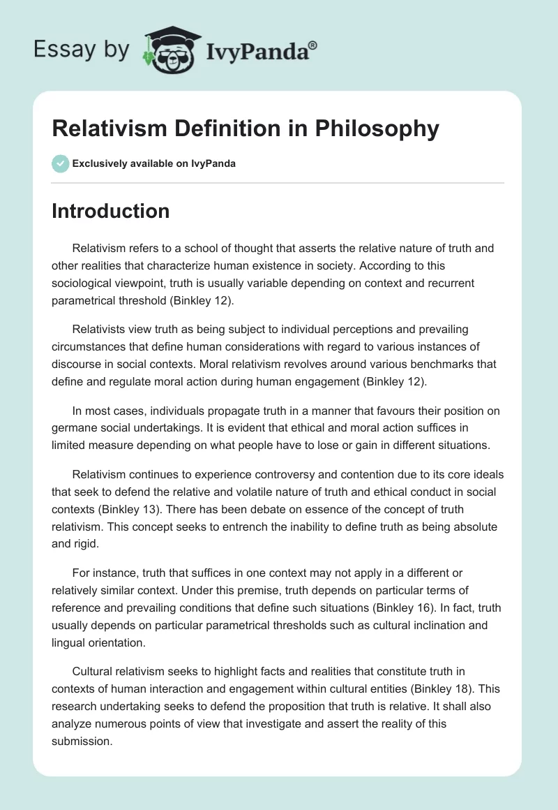 Relativism Definition in Philosophy. Page 1