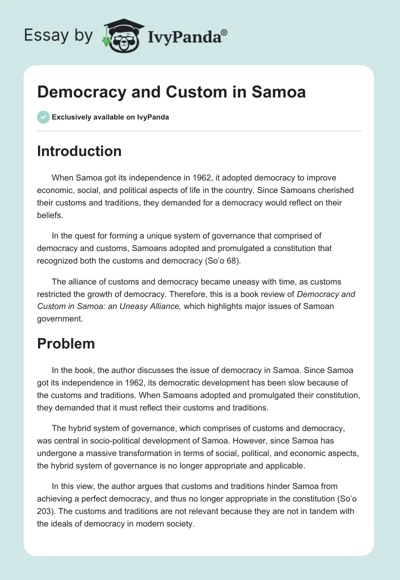 Democracy and Custom in Samoa. Page 1