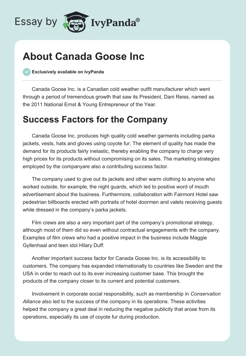 About Canada Goose Inc. Page 1