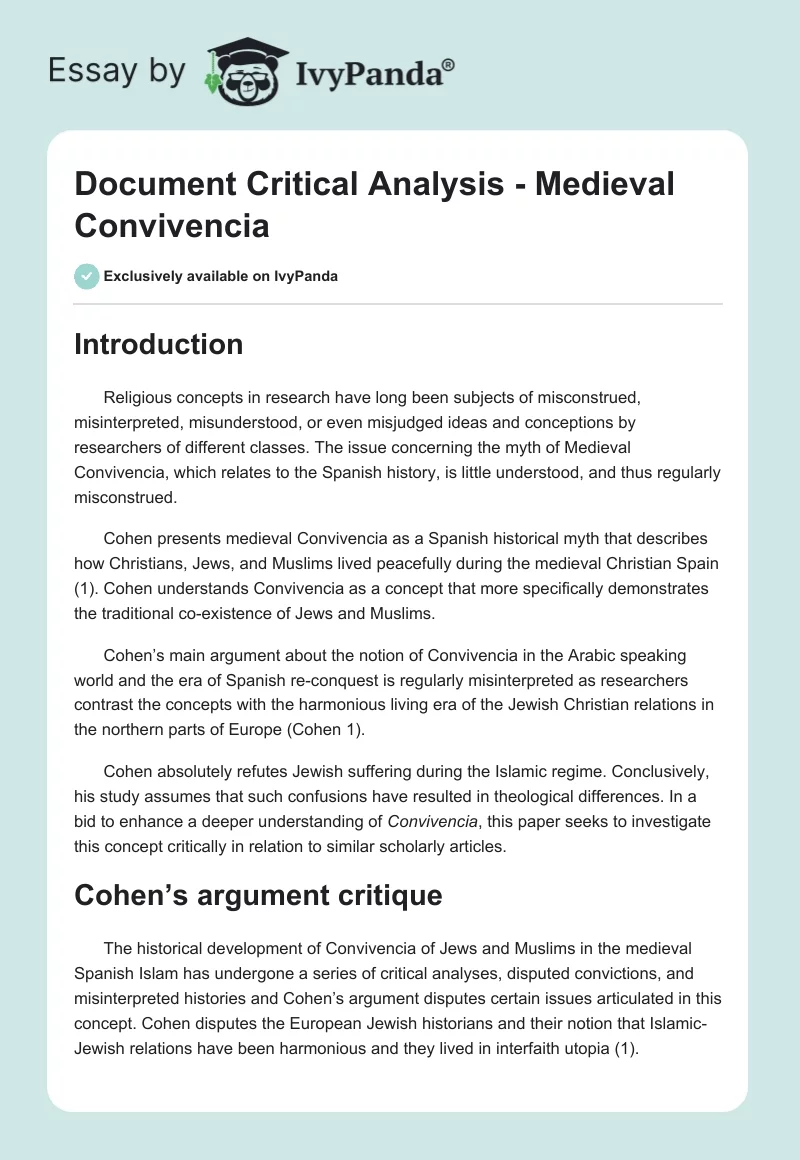 Document Critical Analysis - Medieval Convivencia. Page 1