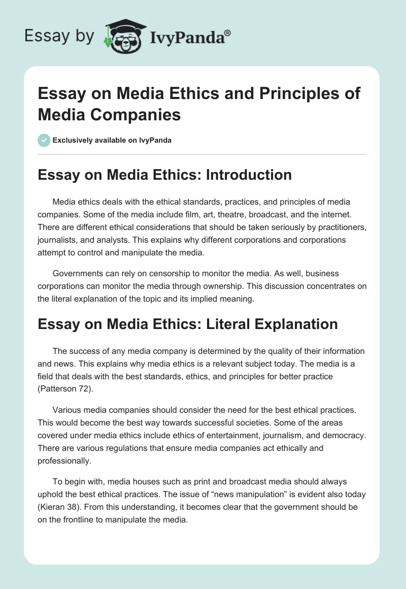 Essay on Media Ethics and Principles of Media Companies. Page 1