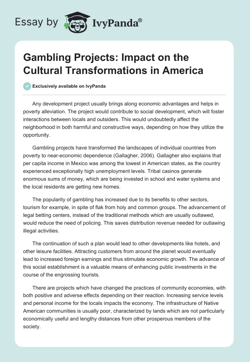 Gambling Projects: Impact on the Cultural Transformations in America. Page 1