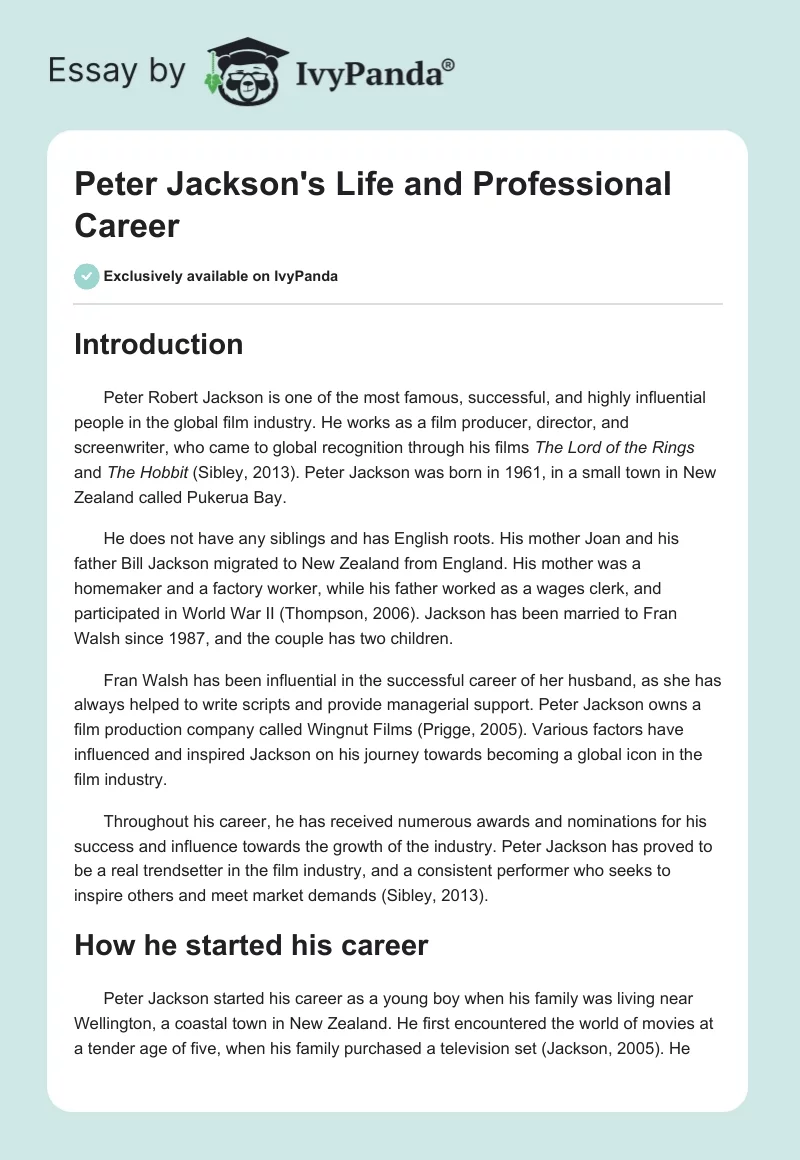Peter Jackson's Life and Professional Career. Page 1