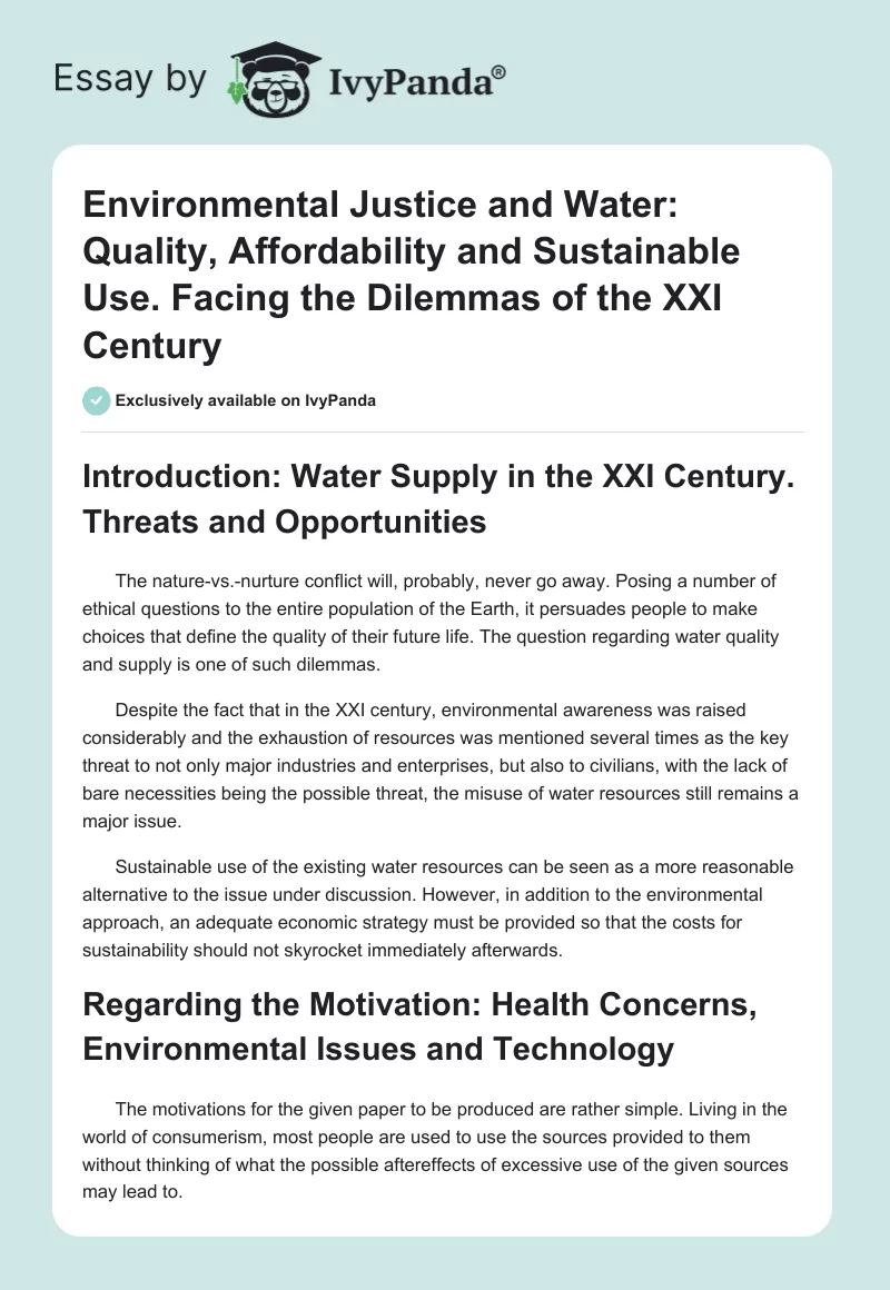 Environmental Justice and Water: Quality, Affordability and Sustainable Use. Facing the Dilemmas of the XXI Century. Page 1