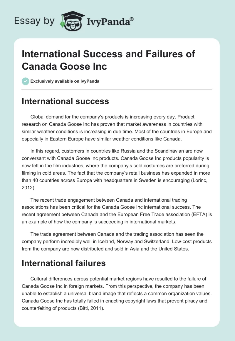 International Success and Failures of Canada Goose Inc. Page 1
