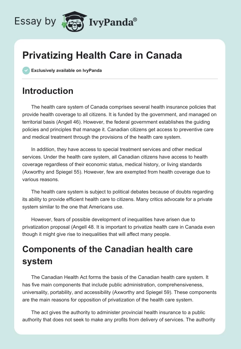 Privatizing Health Care in Canada. Page 1