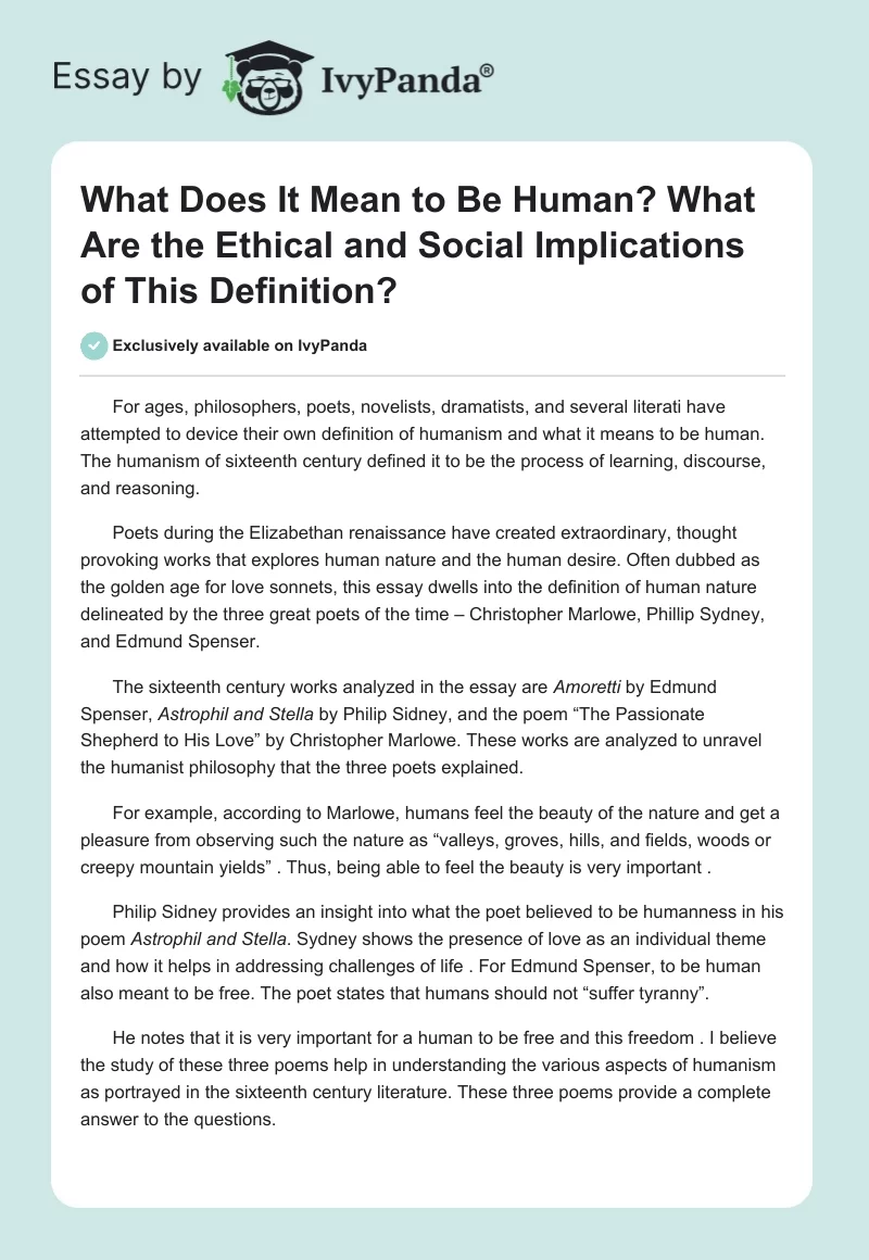 What Does It Mean to Be Human? What Are the Ethical and Social Implications of This Definition?. Page 1