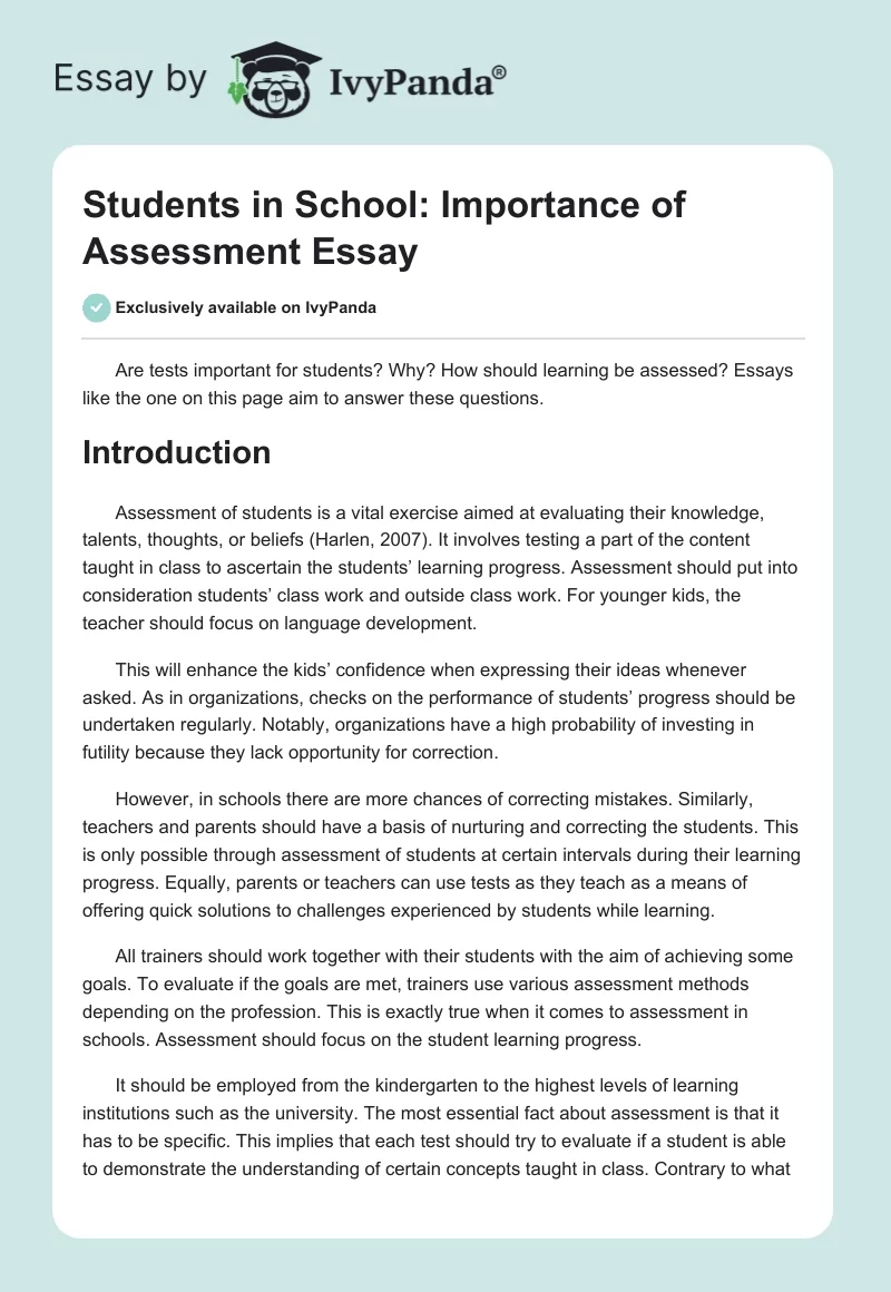 Students in School: Importance of Assessment Essay. Page 1