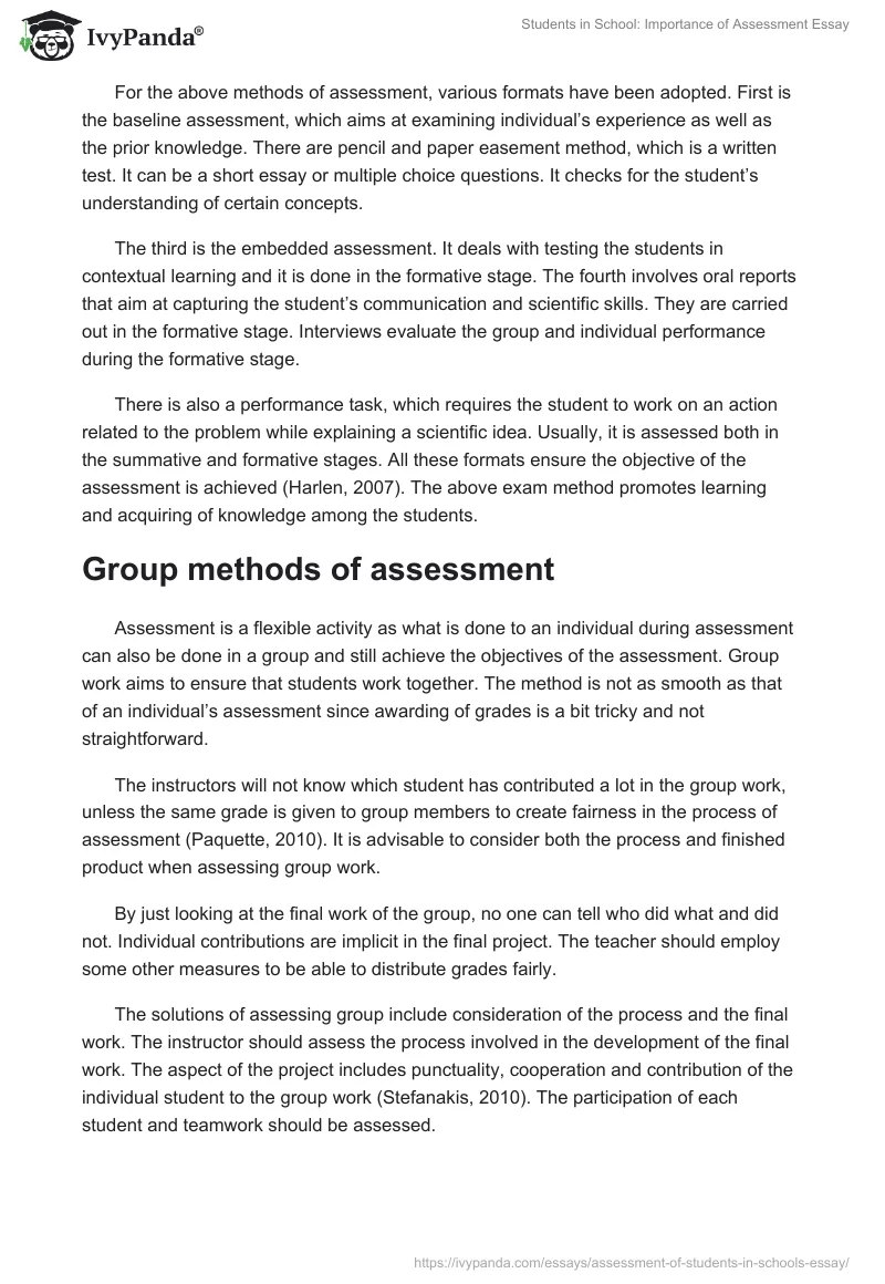 essay about assessment of student learning