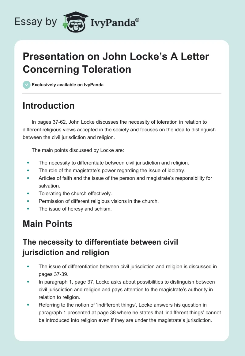 Presentation on John Locke’s A Letter Concerning Toleration. Page 1